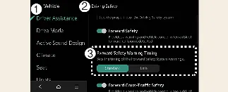Infotainment screen showing the Forward Safety Warning Timing menu options for the Kia Carnival