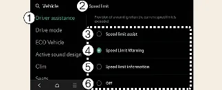 Kia Carnival infotainment menu for configuring speed limit and driver assistance settings