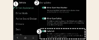 Kia Carnival infotainment menu for configuring Safe Exit settings