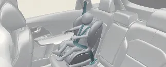 Forward-facing child seat secured with a harness in a Kia Carnival