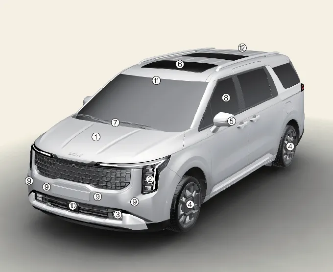 Front profile and key exterior features of the Kia Carnival, including hood, headlamps, grille sensors, and windshield area