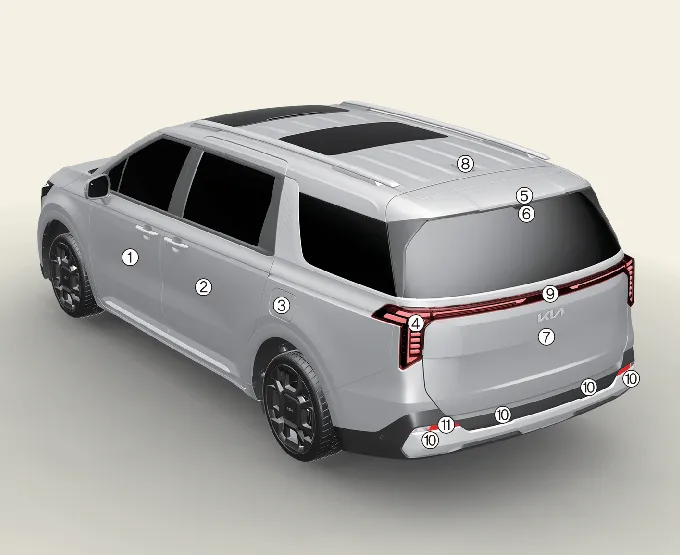 Rear profile of the Kia Carnival highlighting the liftgate, rear combination lamps, rear-view camera, and sensor locations